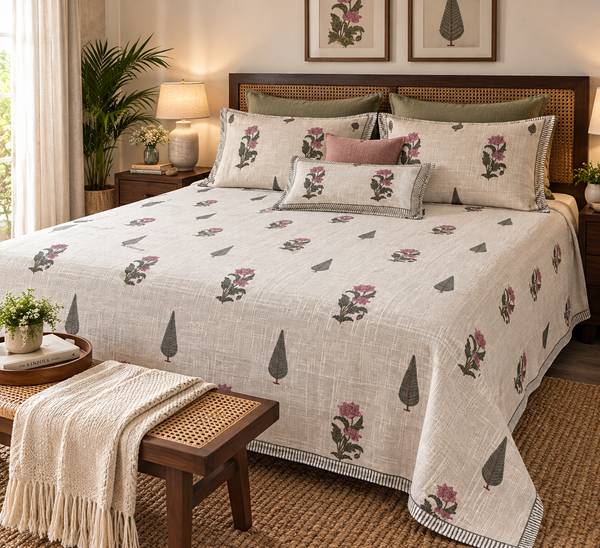 TNT Cotton Jute King Size Bedcover with Mauve Meadow handblock print in dusty mauve and grey