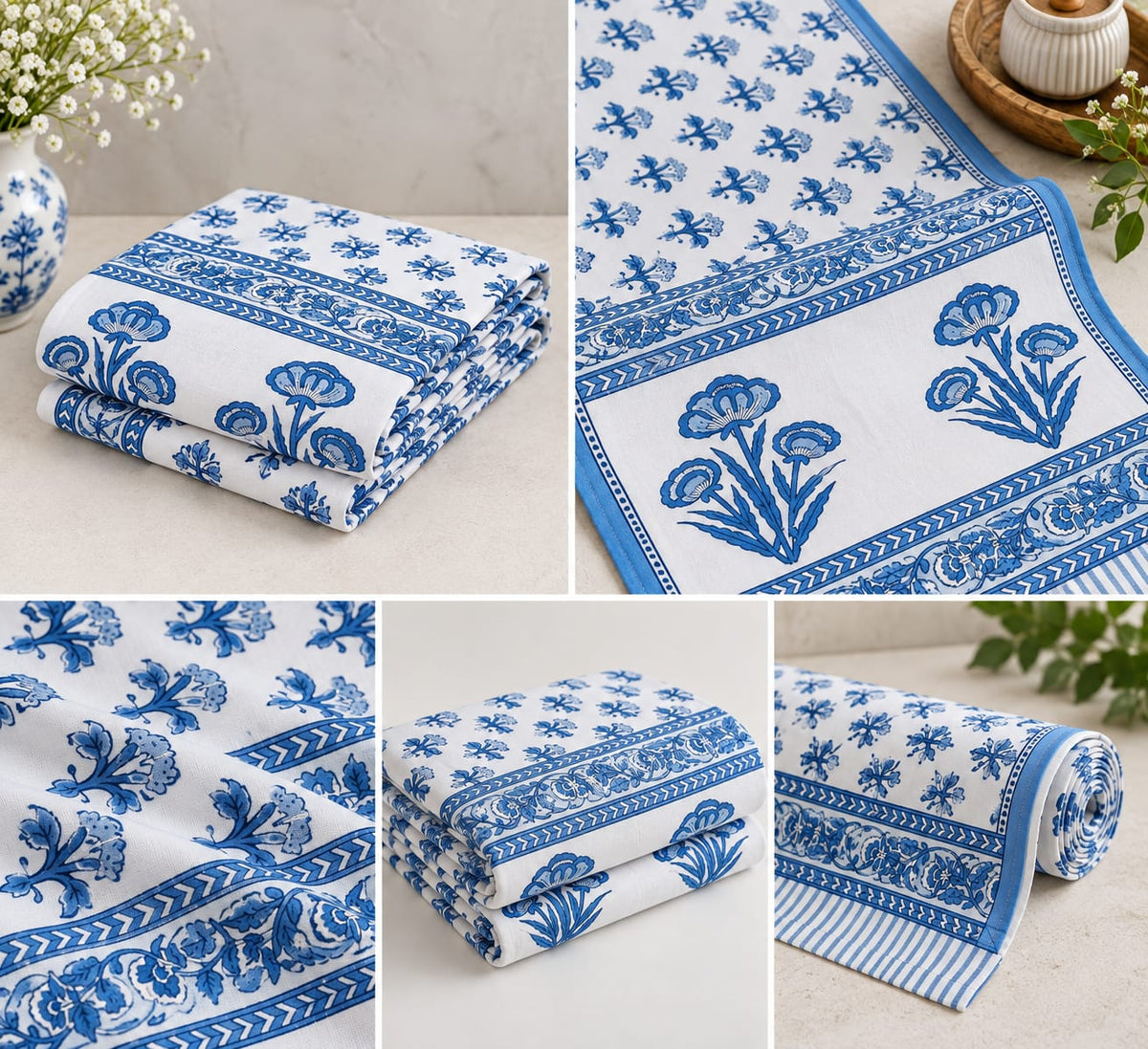 Ivory Blue Carnation Ditsy Hand Block Canvas Cotton Table Runner - Table Runner - ChapaSsyahii