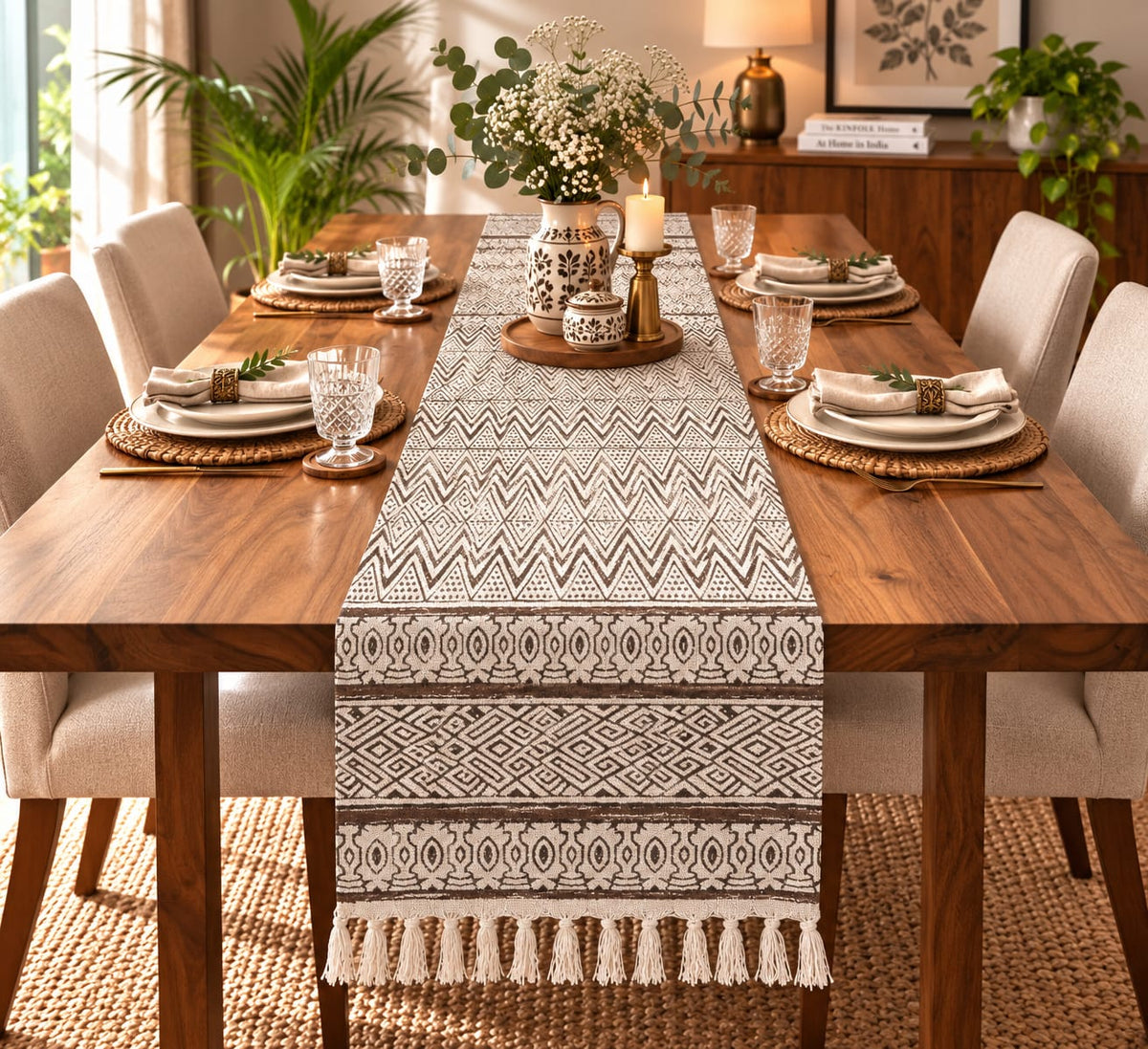 Mocha Aztec Tribal Hand Block Jute Table Runner - Table Runner - ChapaSsyahii