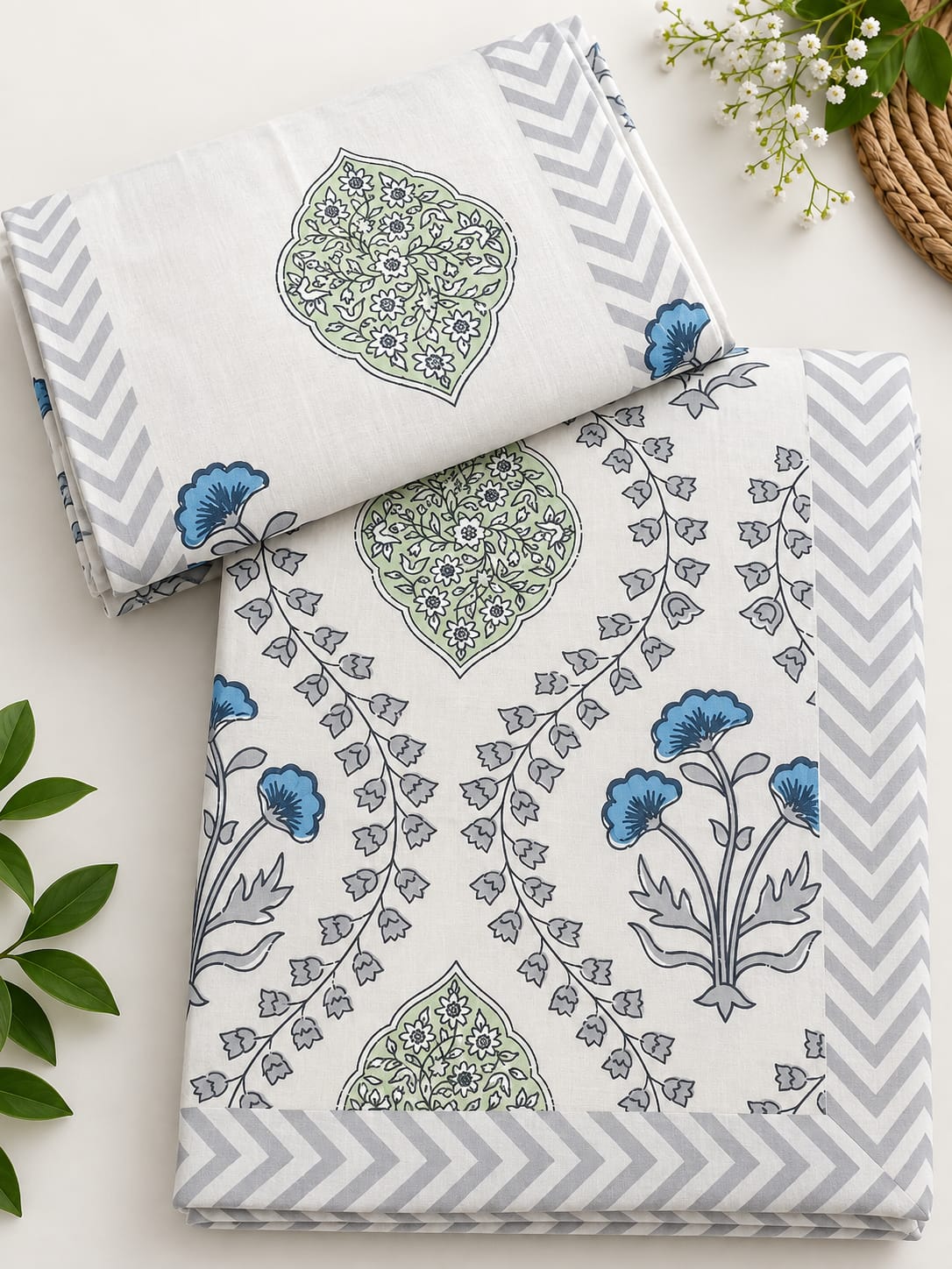 Blue Floral Trellis Cotton King Size Bedsheet Set