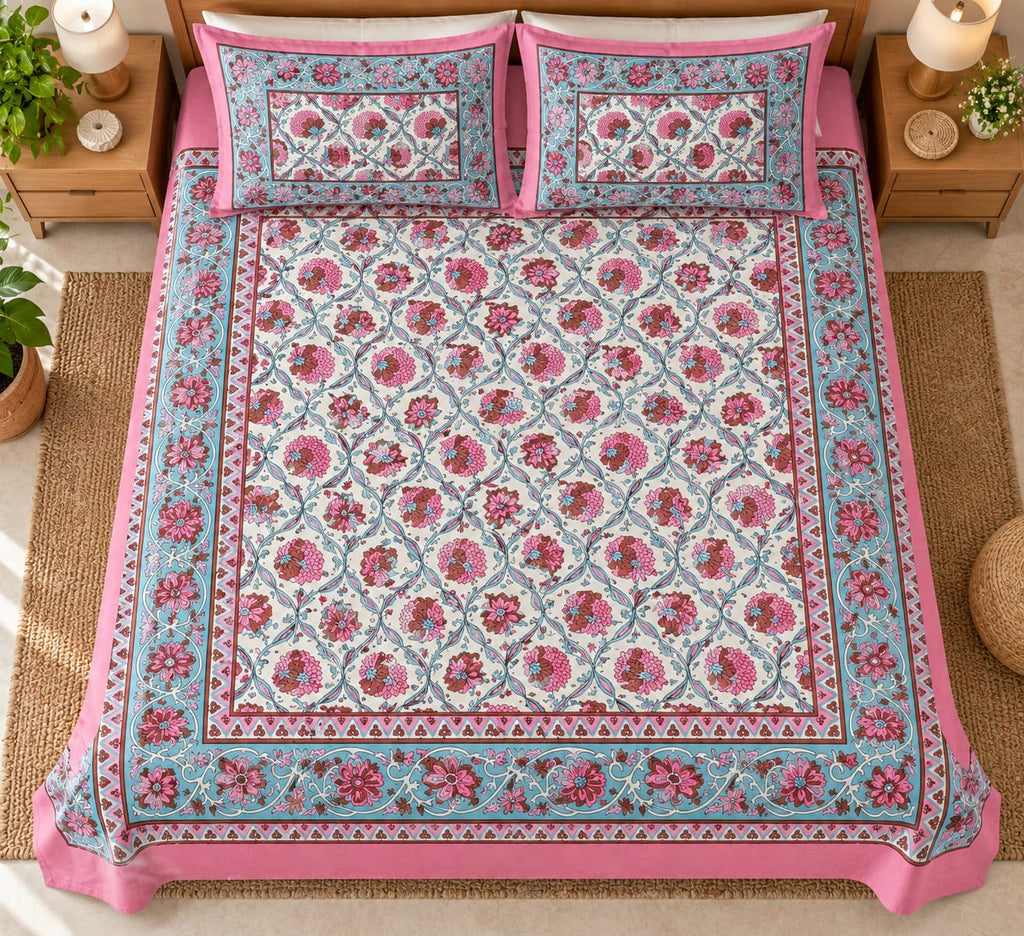 Pink Aqua Carnation Trellis Cotton King Size Bedsheet Set