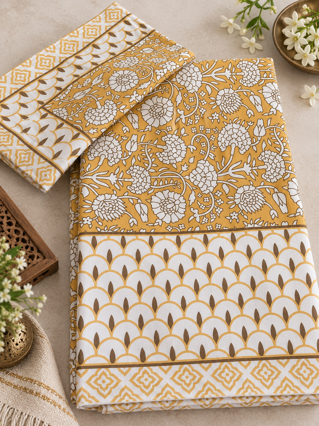 Golden Marigold Bloom Cotton King Size Bedsheet Set