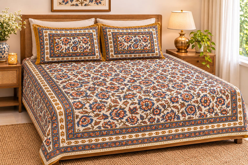 Indigo Rust Floral Vine Cotton King Size Bedsheet Set