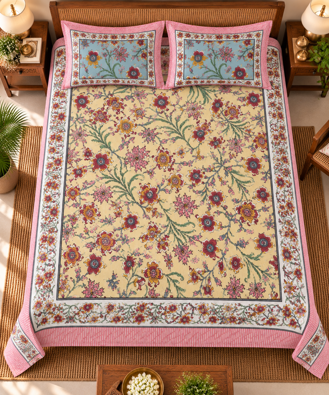 Ivory Floral Trail Cotton King Size Bedsheet Set