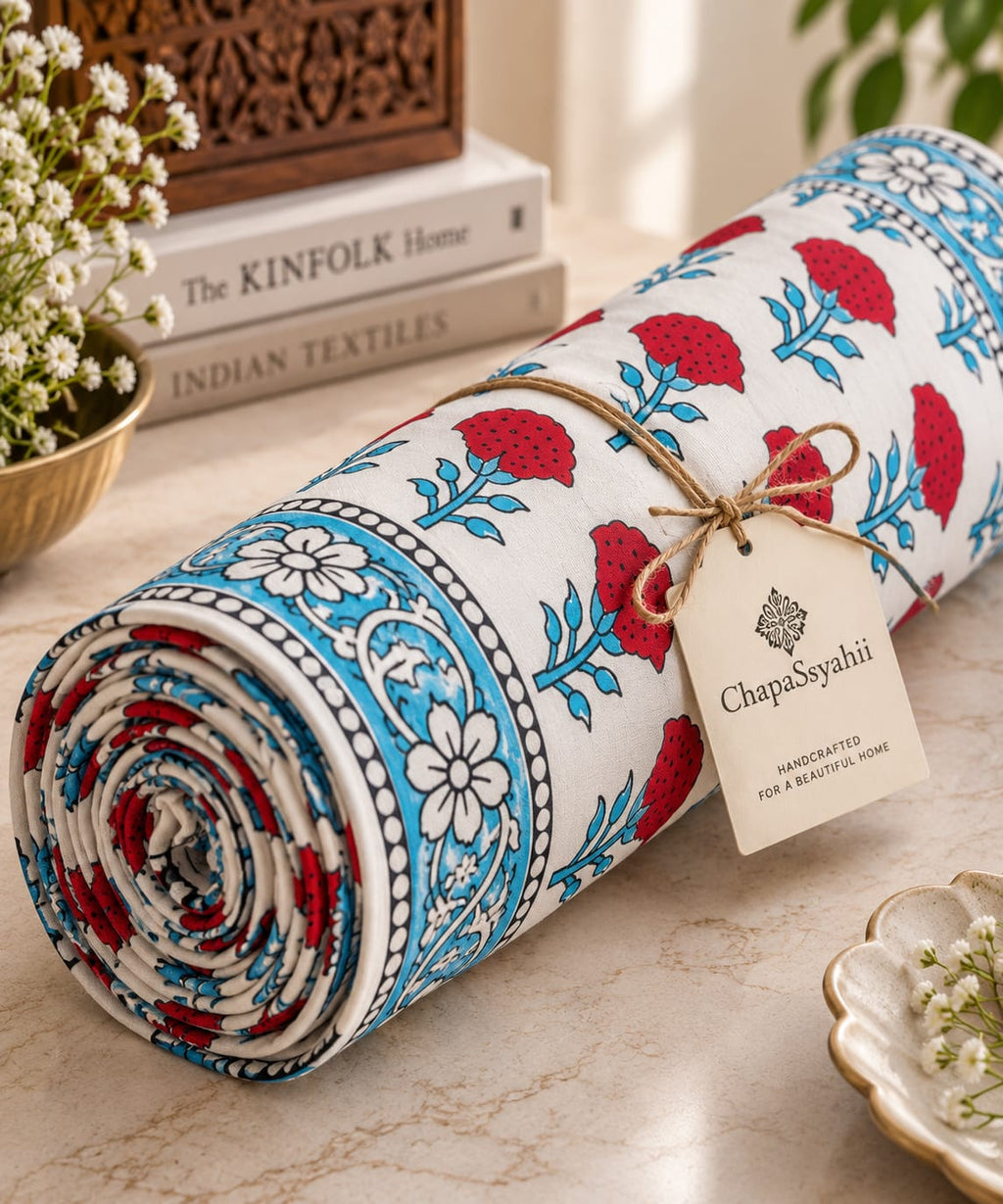 Ivory Red Carnation Hand Block Canvas Cotton Table Runner - Table Runner - ChapaSsyahii