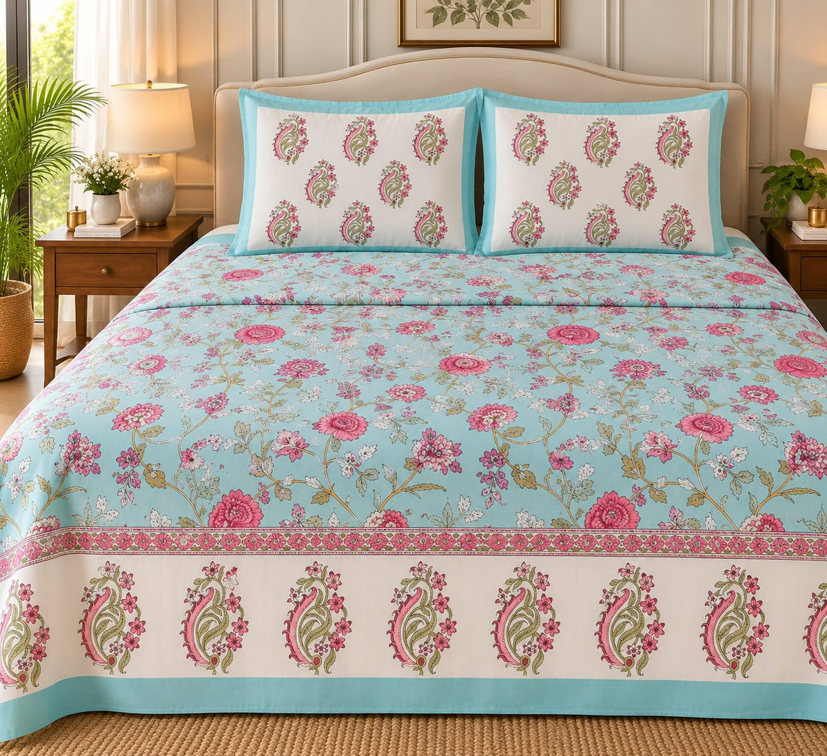Firozi Gulabi Kairi Jaal 210 TC Cotton Bedsheet by ChapaSSyahii