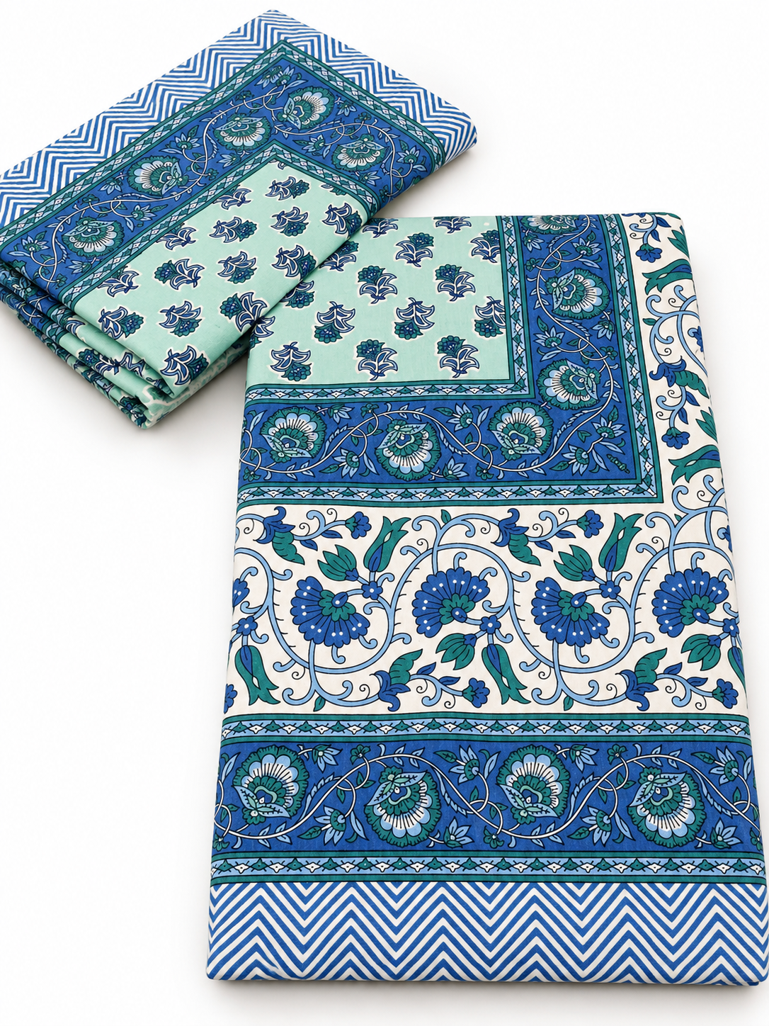 Turquoise Floral Vine Cotton King Size Bedsheet Set