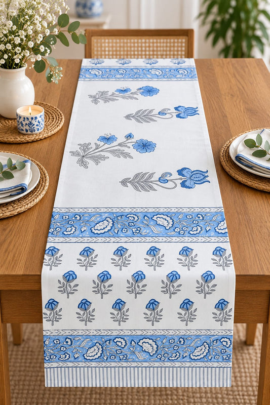 Ivory Blue Rosebud Hand Block Canvas Cotton Table Runner - Table Runner - ChapaSsyahii