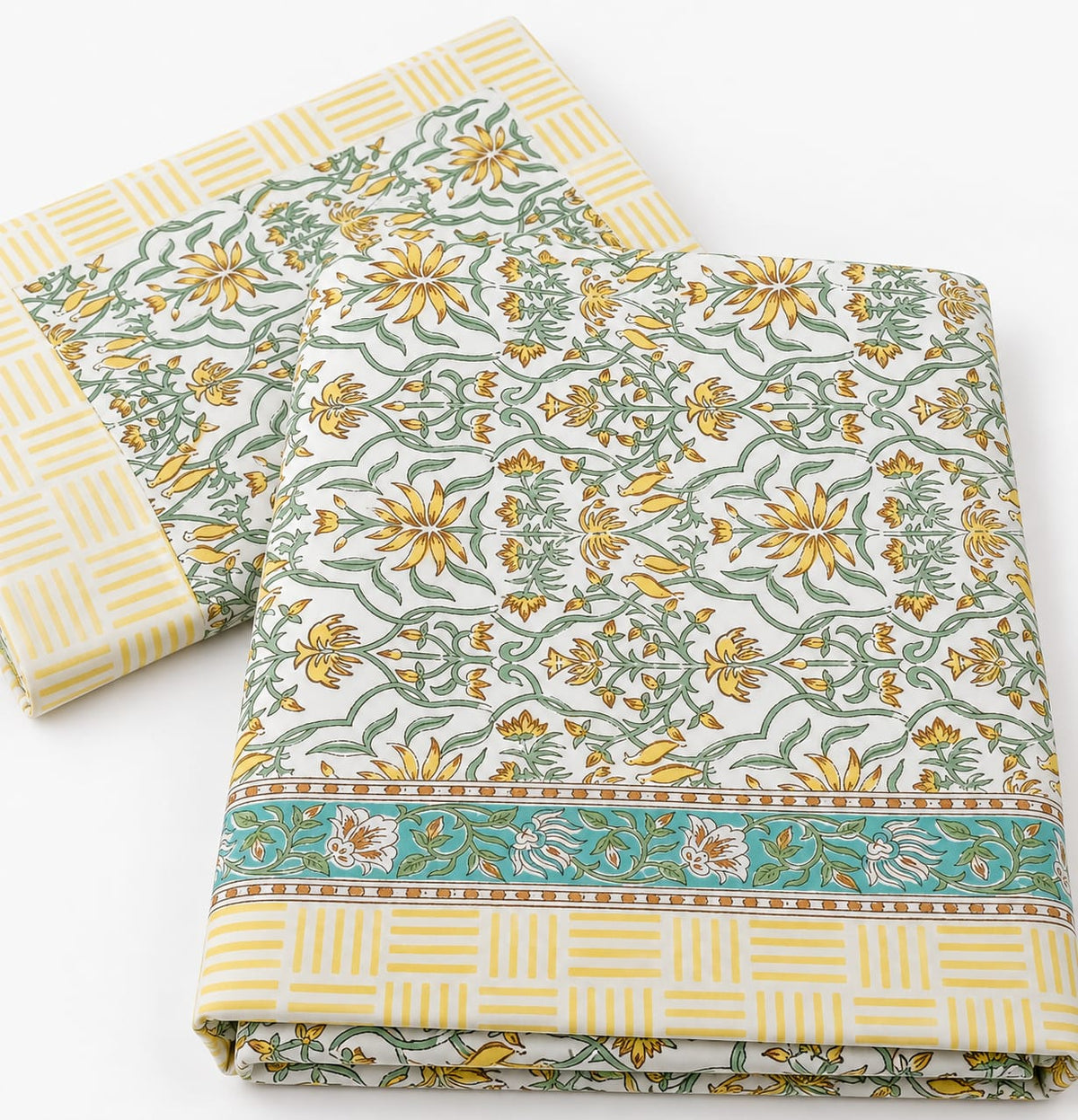 Yellow Green Floral Jaal Handblock Cotton Super King Bedsheet 120x120 on bed with pillow covers