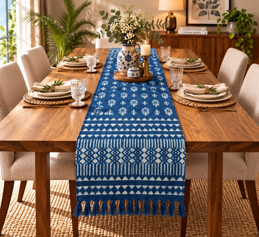 Indigo Aztec Motif Hand Block Jute Table Runner - Table Runner - ChapaSsyahii
