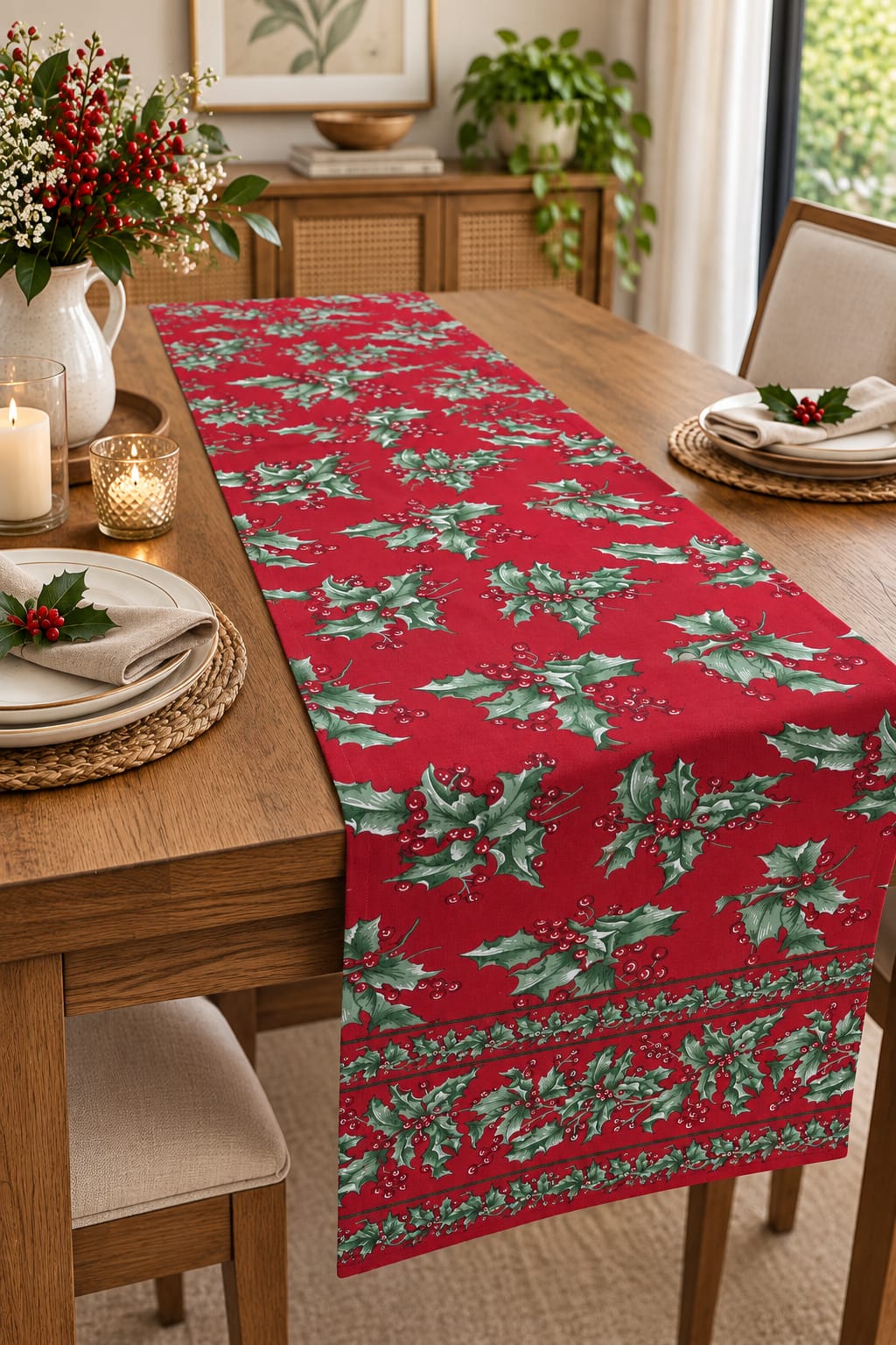 Red Holly Berry Christmas Hand Block Canvas Cotton Table Runner - Table Runner - ChapaSsyahii