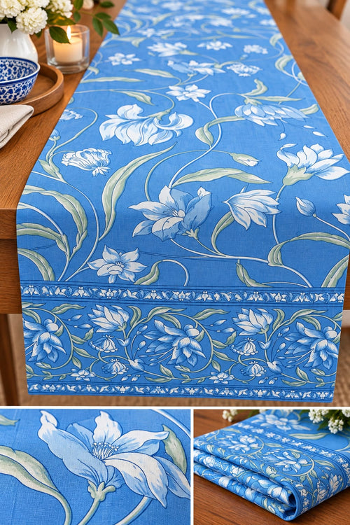 Blue Floral Trail Hand Block Canvas Cotton Table Runner - Table Runner - ChapaSsyahii
