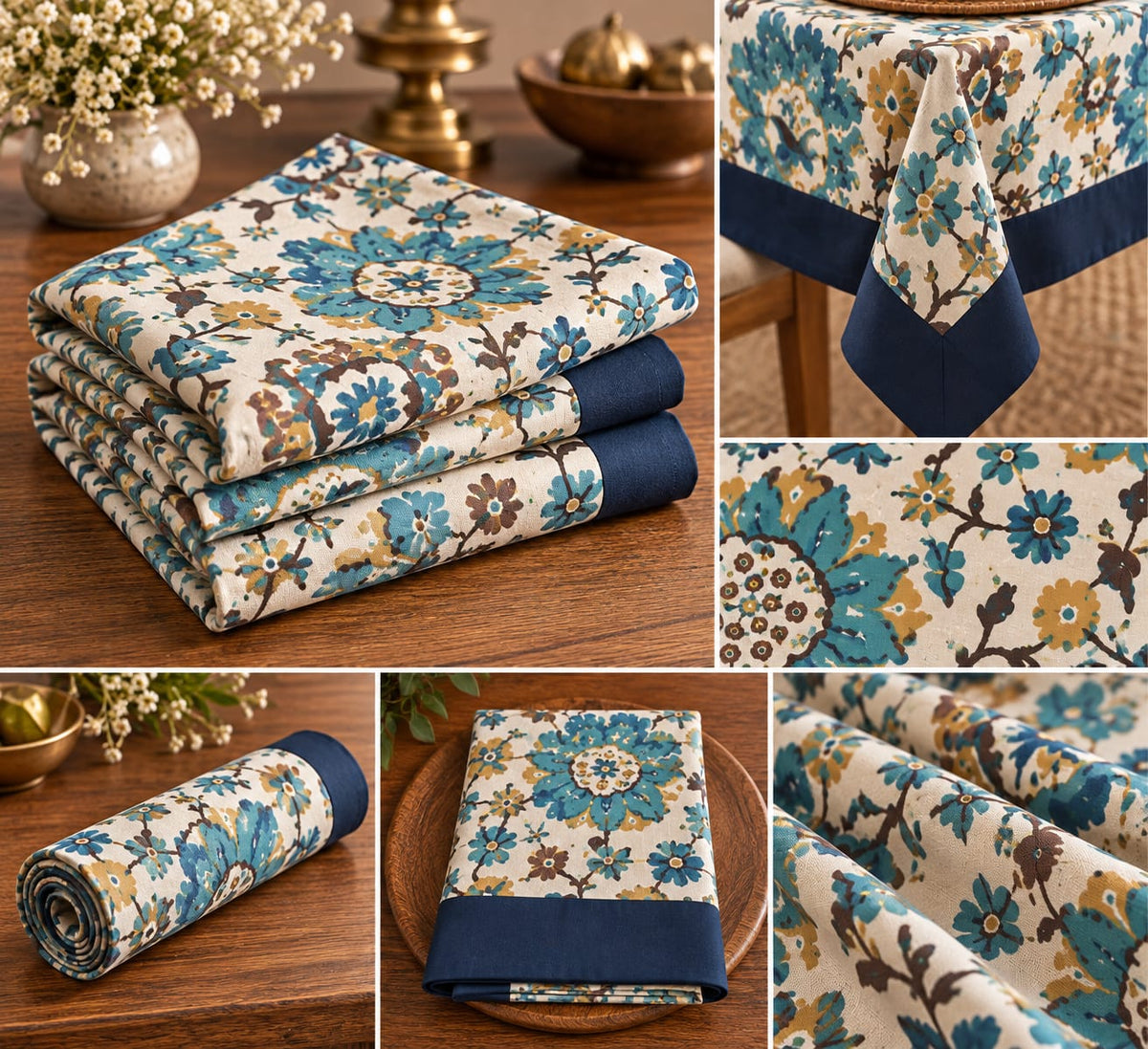 Turquoise Medallion Floral table cover detail collage
