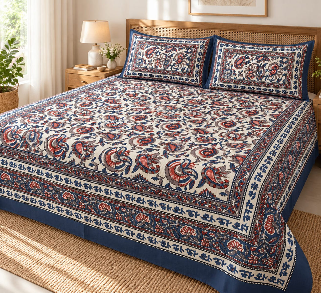 Navy Red Paisley Bloom Cotton King Size Bedsheet Set