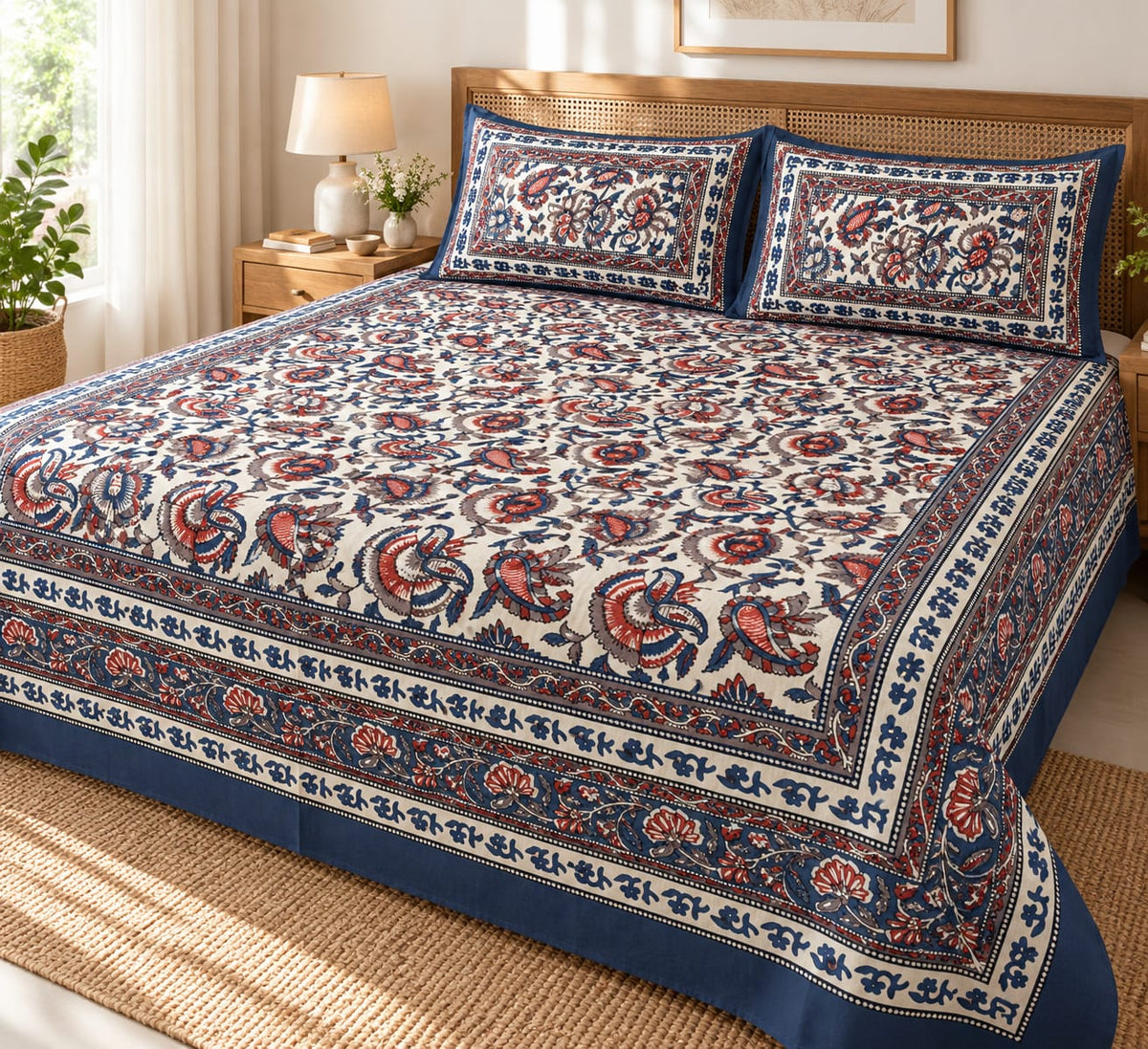 Navy Red Paisley Bloom Cotton King Size Bedsheet Set
