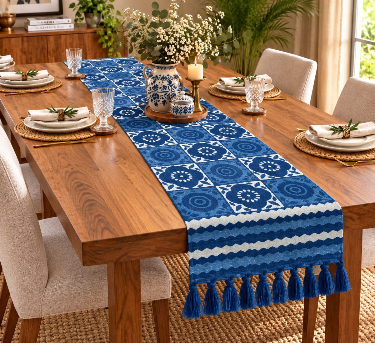 Indigo Floral Medallion Tile Hand Block Jute Table Runner - Table Runner - ChapaSsyahii