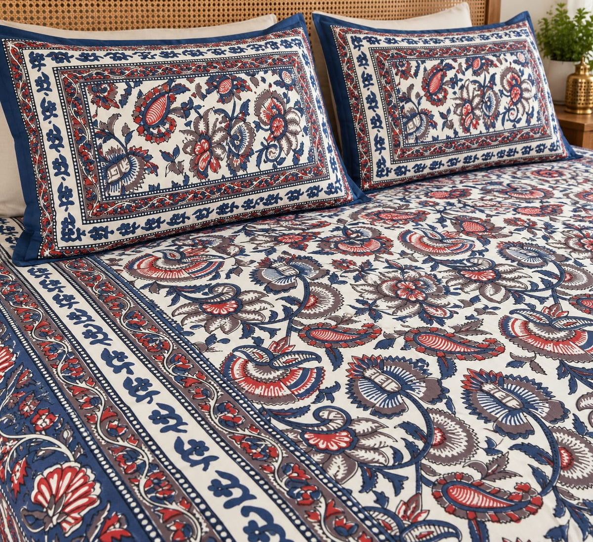 Navy Red Paisley Bloom bedsheet and pillow covers