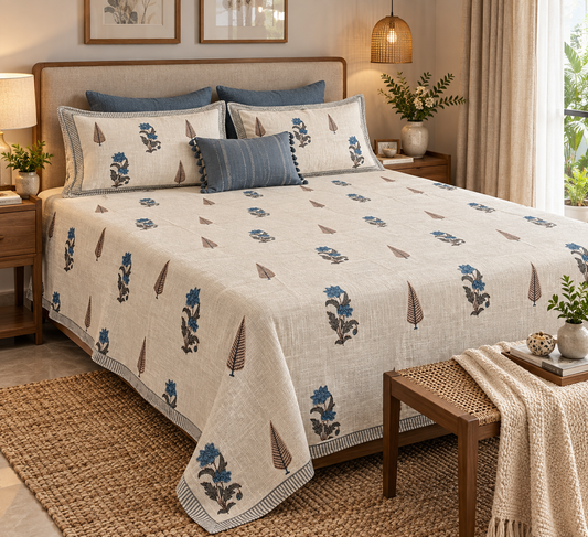 TNT Cotton Jute King Size Bedcover with Indigo Bloom handblock print in cobalt blue and brown