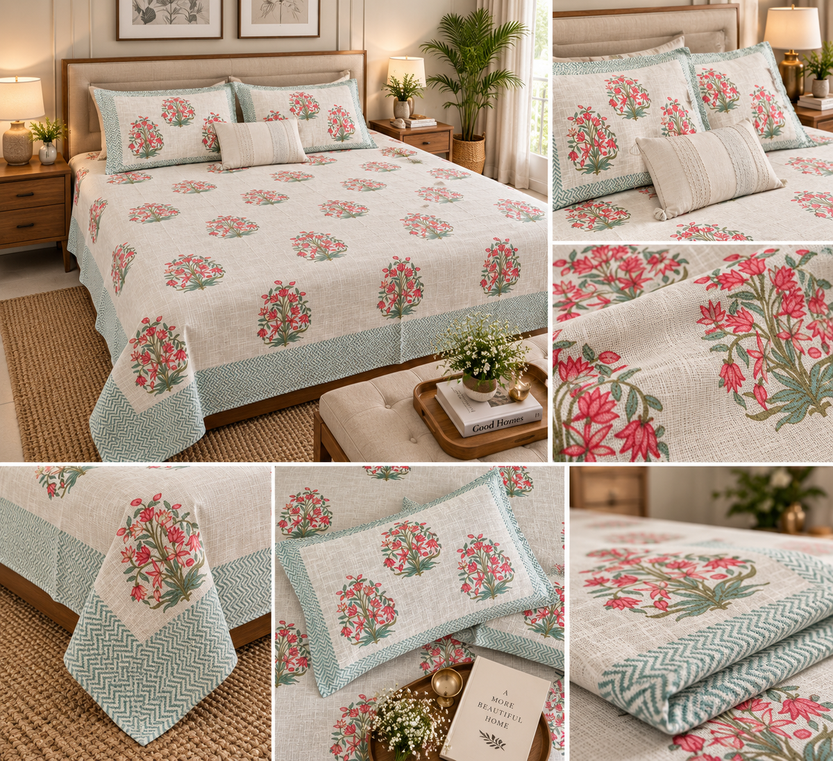 Blossom Bouquet bedcover on king bed with pillow and corner fold close-ups