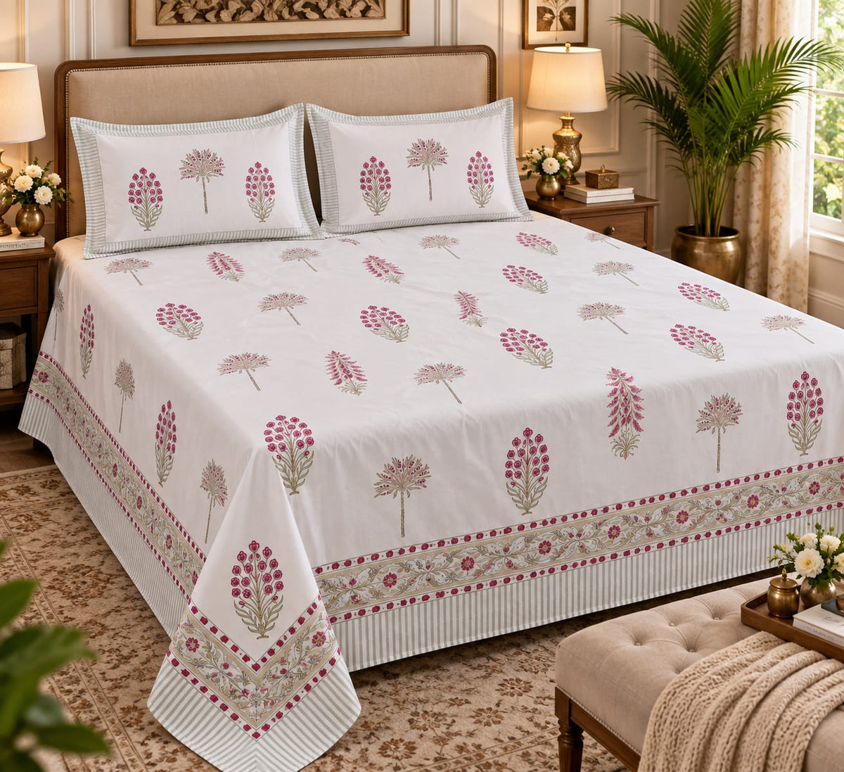 Pink Botanical Boota Handblock Cotton Super King Bedsheet detail collage