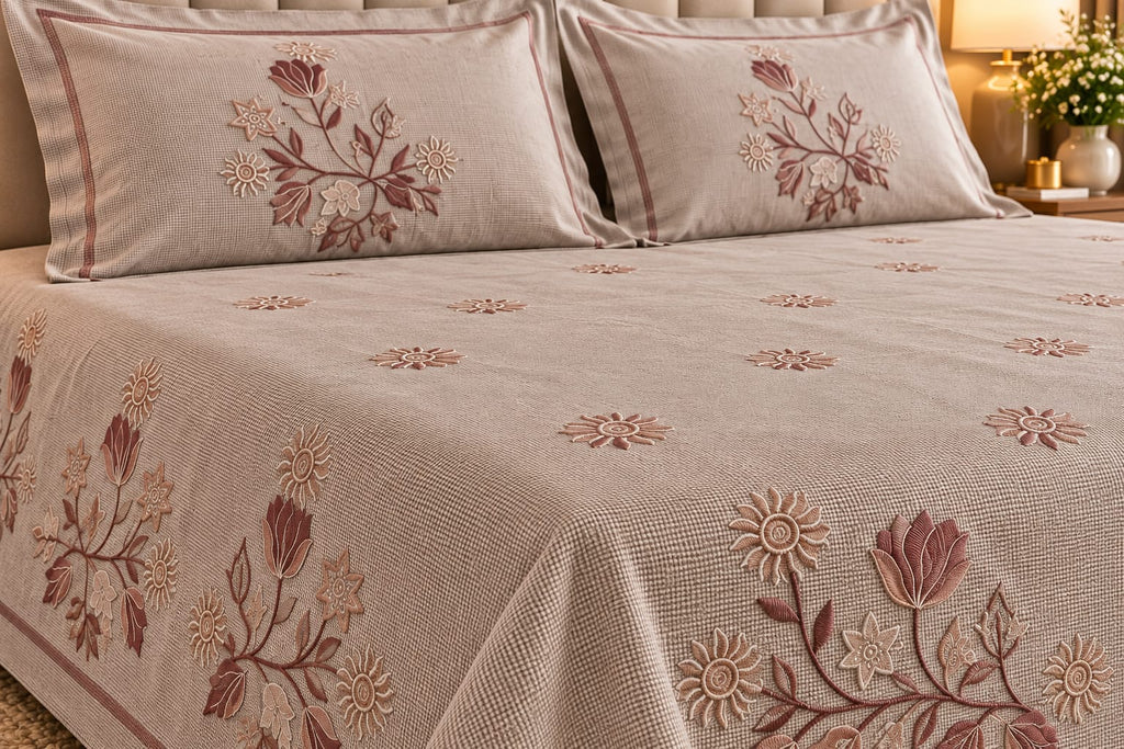 Vienna Rosewood Tulip embroidery close-up with pillow covers