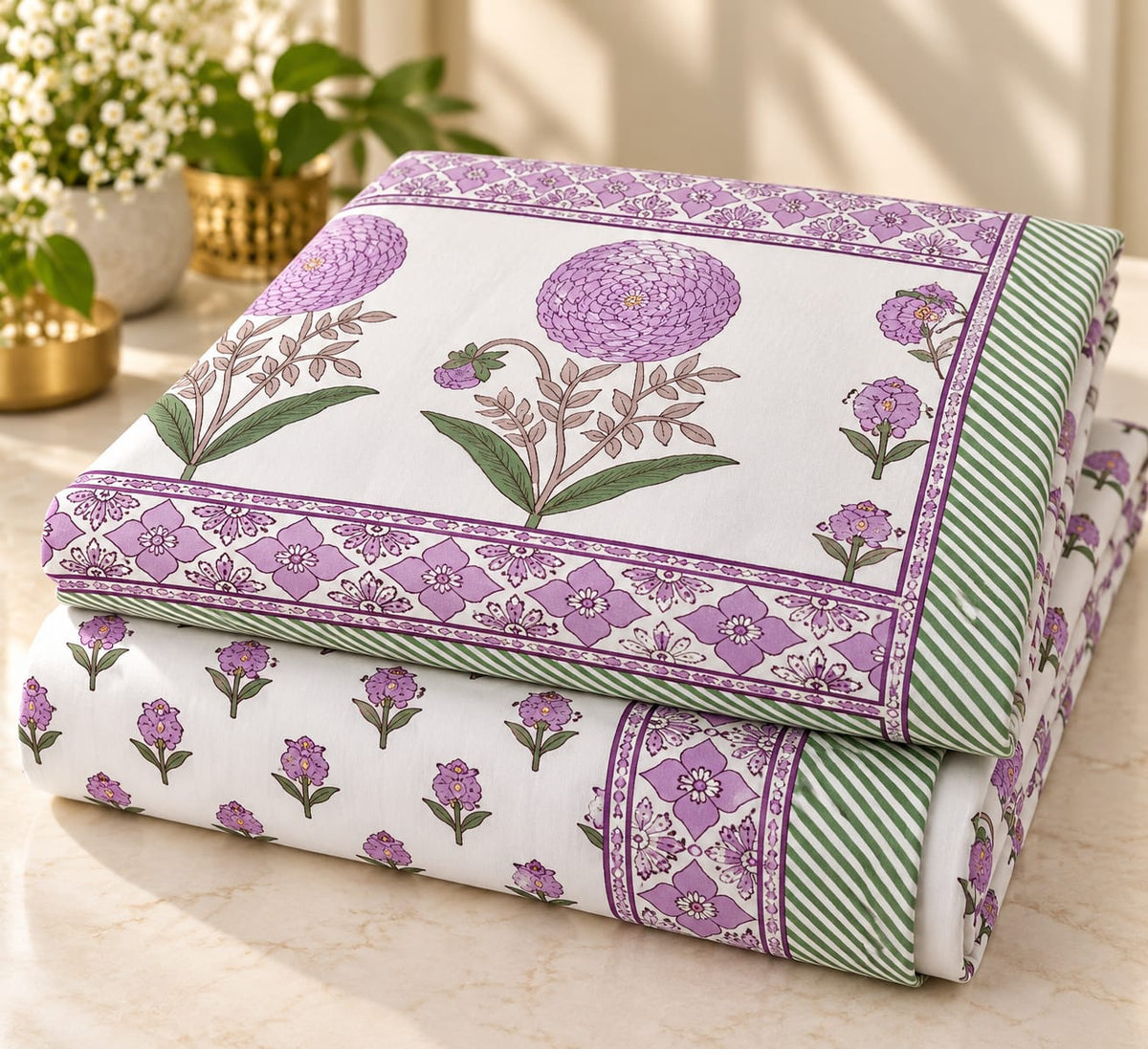 Lavender Genda Heritage Border 210 TC Cotton Bedsheet by ChapaSSyahii