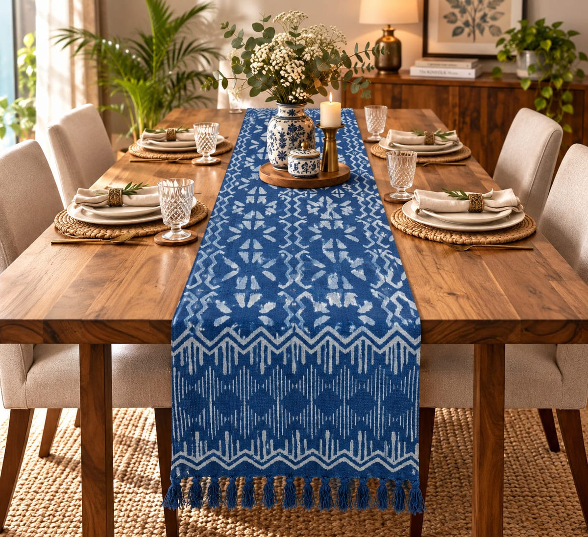 Indigo Shibori Ikat Hand Block Jute Table Runner - Table Runner - ChapaSsyahii