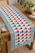 Ivory Red Carnation Hand Block Canvas Cotton Table Runner - Table Runner - ChapaSsyahii