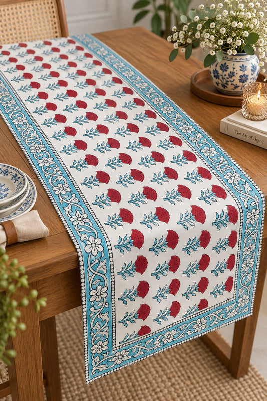 Ivory Red Carnation Hand Block Canvas Cotton Table Runner - Table Runner - ChapaSsyahii