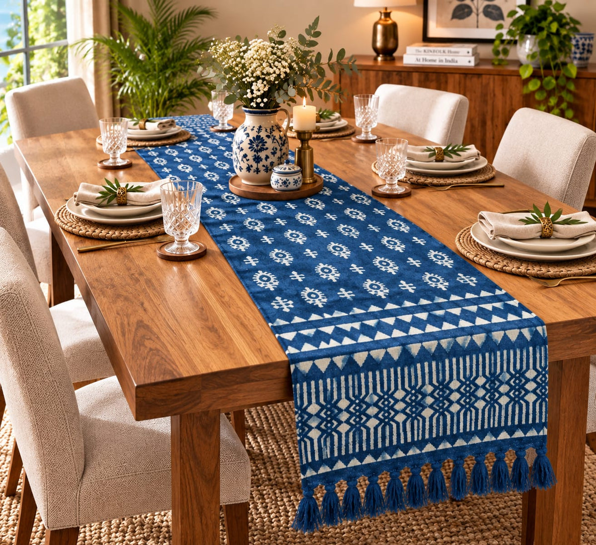 Indigo Aztec Motif Hand Block Jute Table Runner - Table Runner - ChapaSsyahii