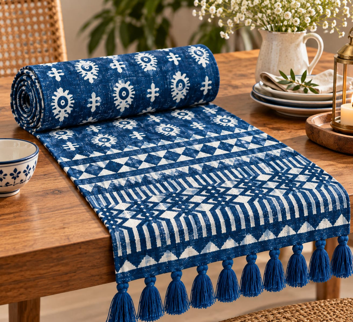 Indigo Aztec Motif Hand Block Jute Table Runner - Table Runner - ChapaSsyahii