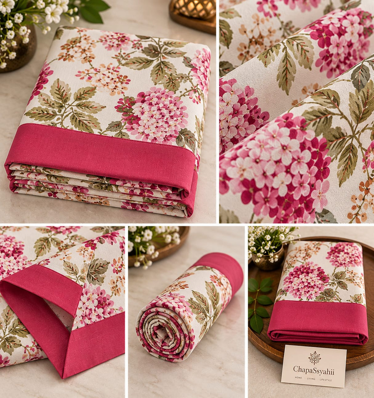 Magenta Hydrangea Bouquet table cover detail collage