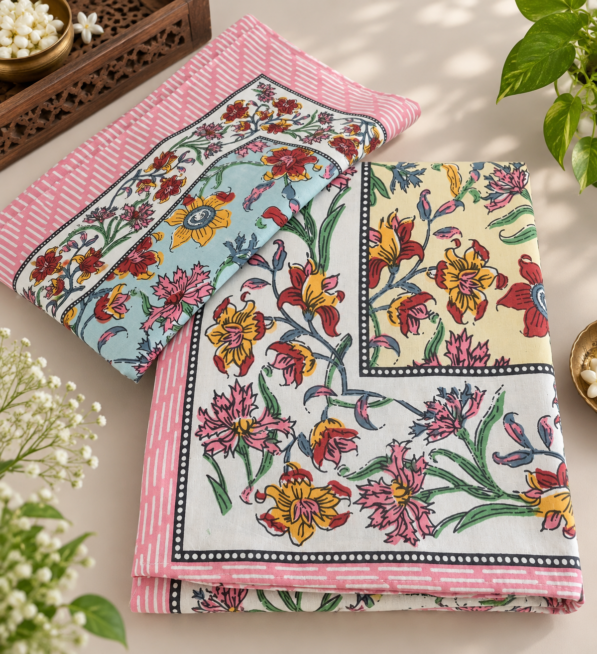 Ivory Floral Trail Cotton King Size Bedsheet Set