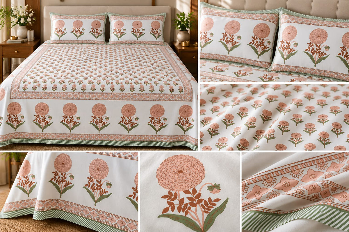 Peach Genda Heritage Border 210 TC Cotton Bedsheet by ChapaSSyahii