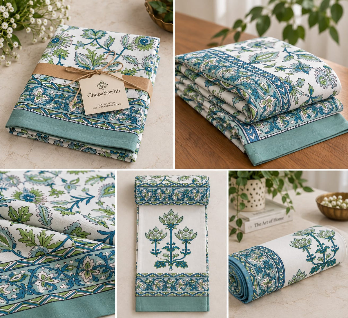 Sage Teal Paisley Lotus Hand Block Canvas Cotton Table Runner - Table Runner - ChapaSsyahii