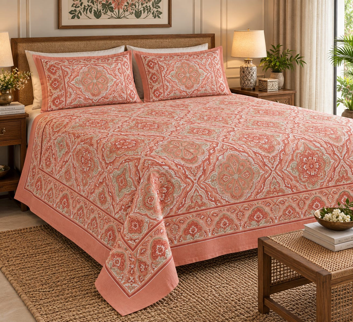 Coral Medallion Trellis Cotton King Size Bedsheet Set