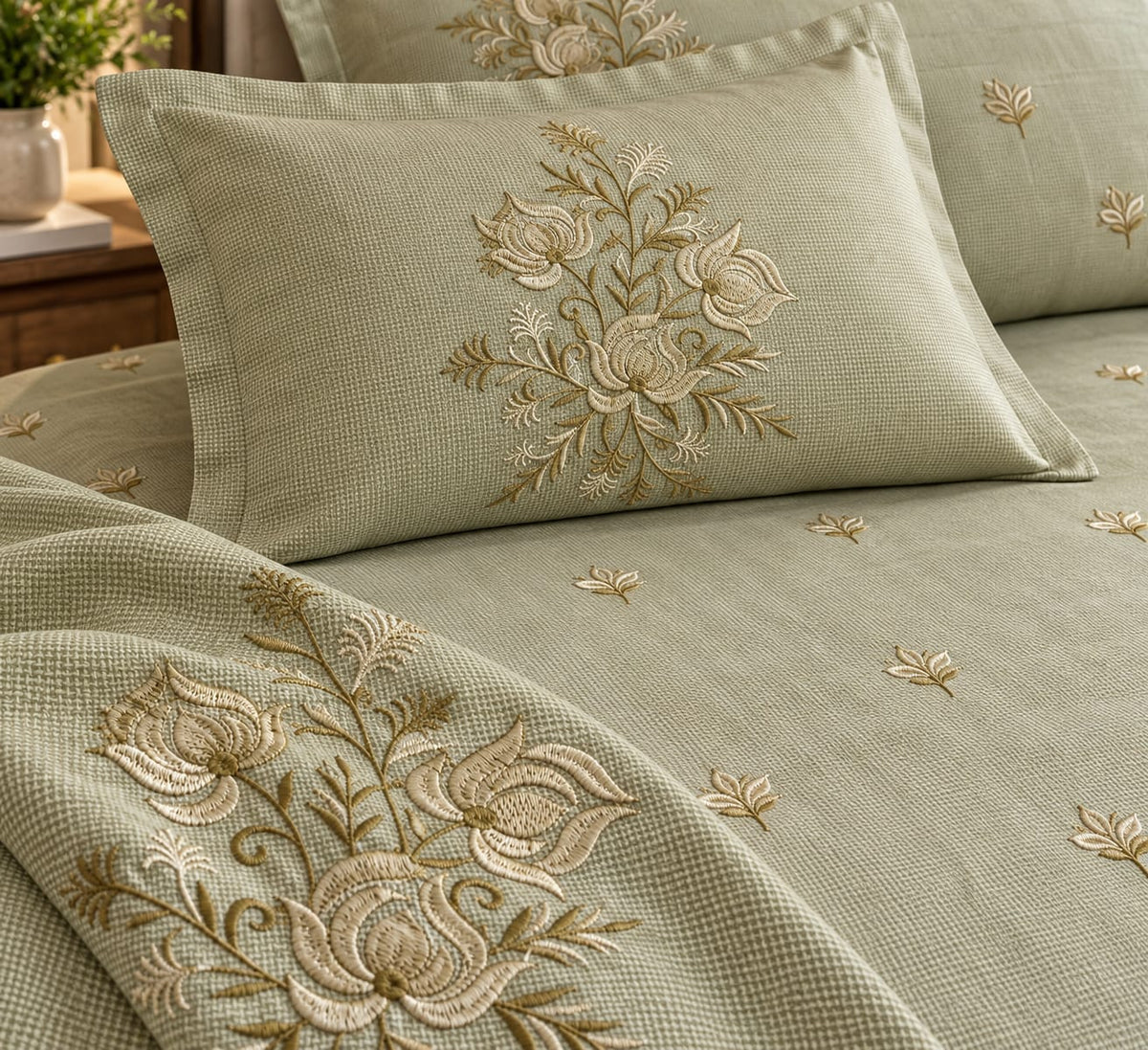 Florence Sage Gilded Lotus pillow cover embroidery close-up