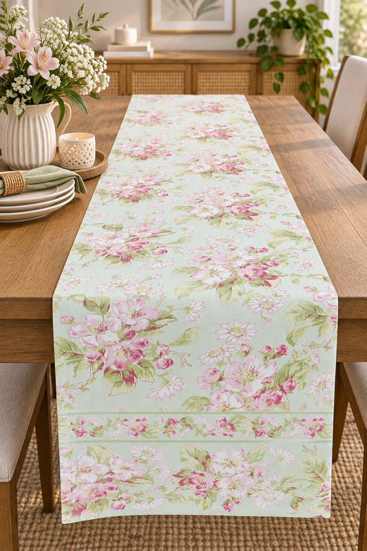 Mint Pink Cherry Blossom Hand Block Canvas Cotton Table Runner - Table Runner - ChapaSsyahii