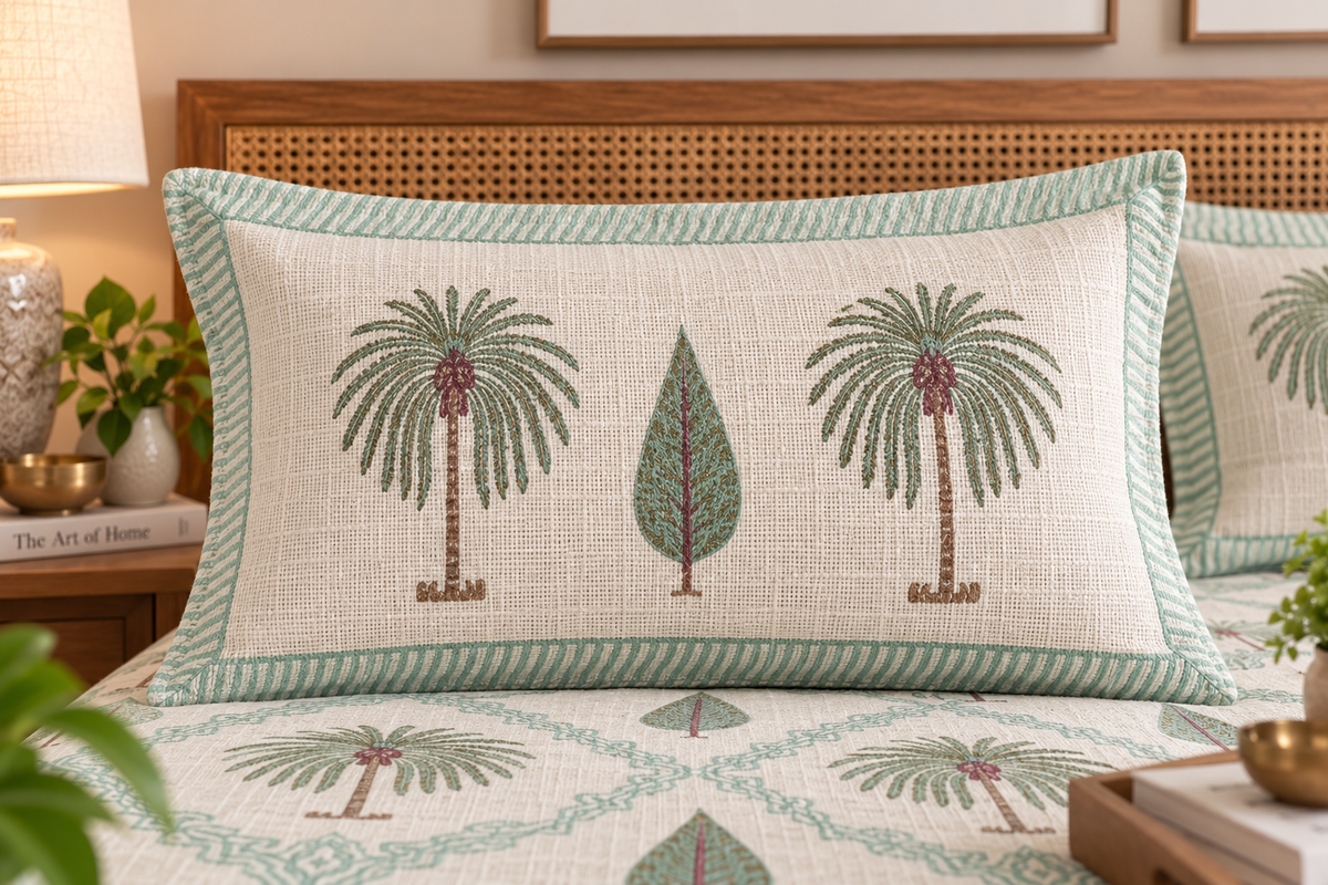 Palm Trellis pillow cover close-up on bed