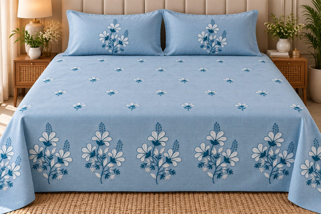 Santorini Sky Blossom embroidered king size bedsheet on bed