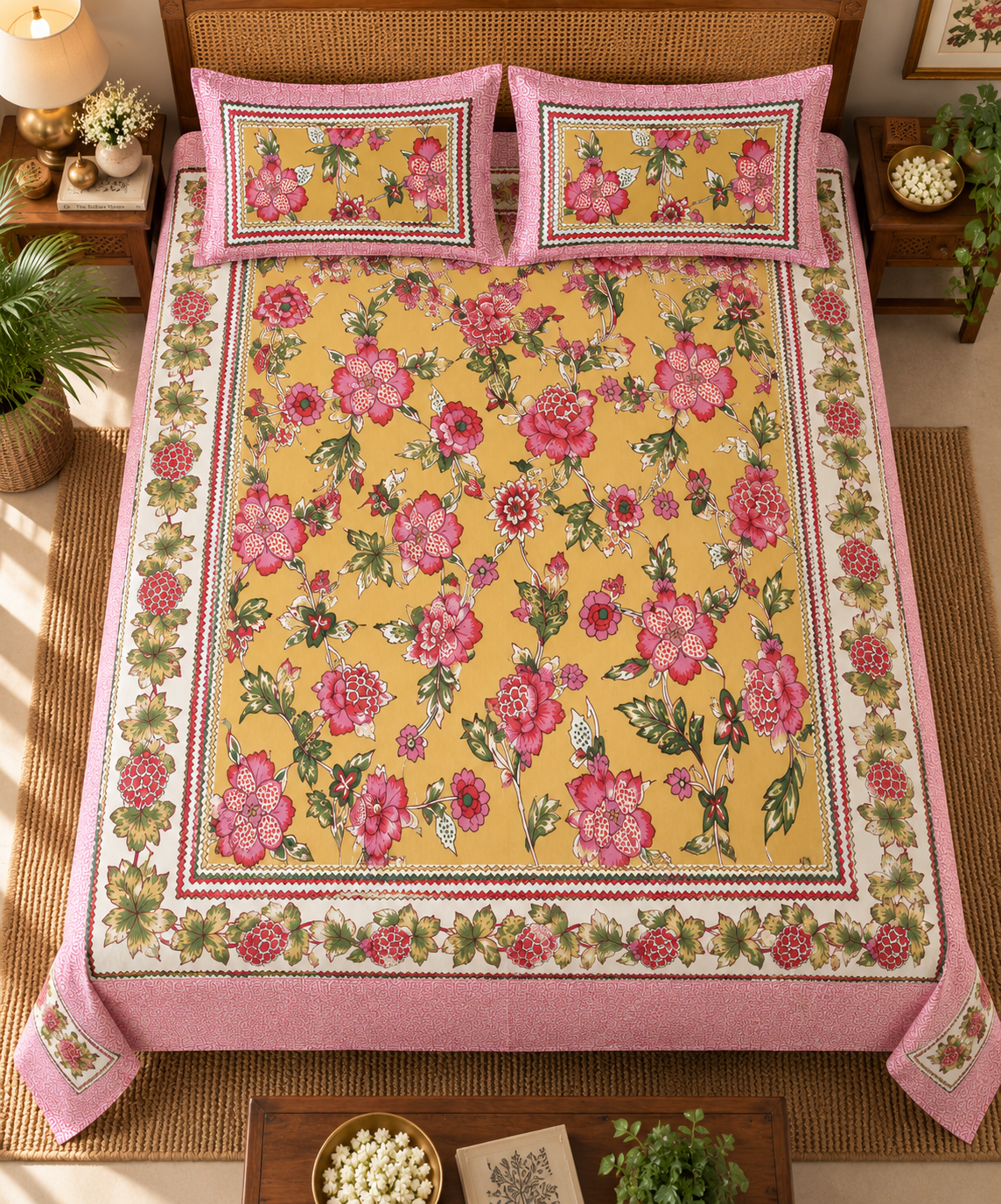 Golden Peony Bouquet Cotton King Size Bedsheet Set