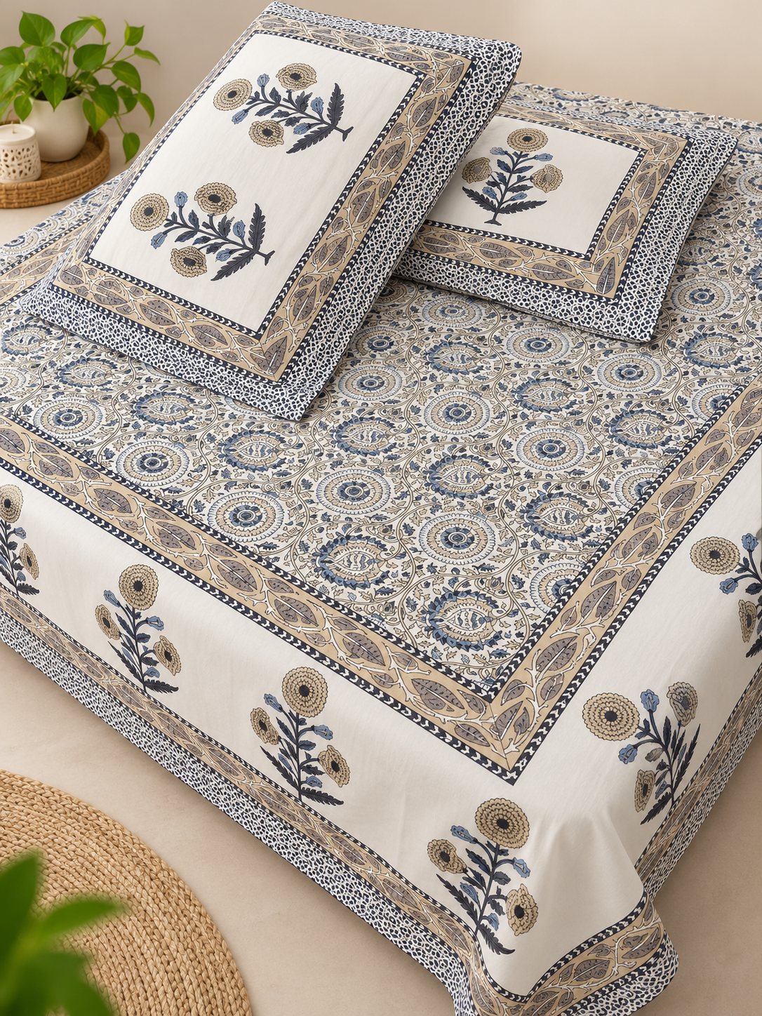 Taupe Sunflower Medallion Cotton King Size Bedsheet Set