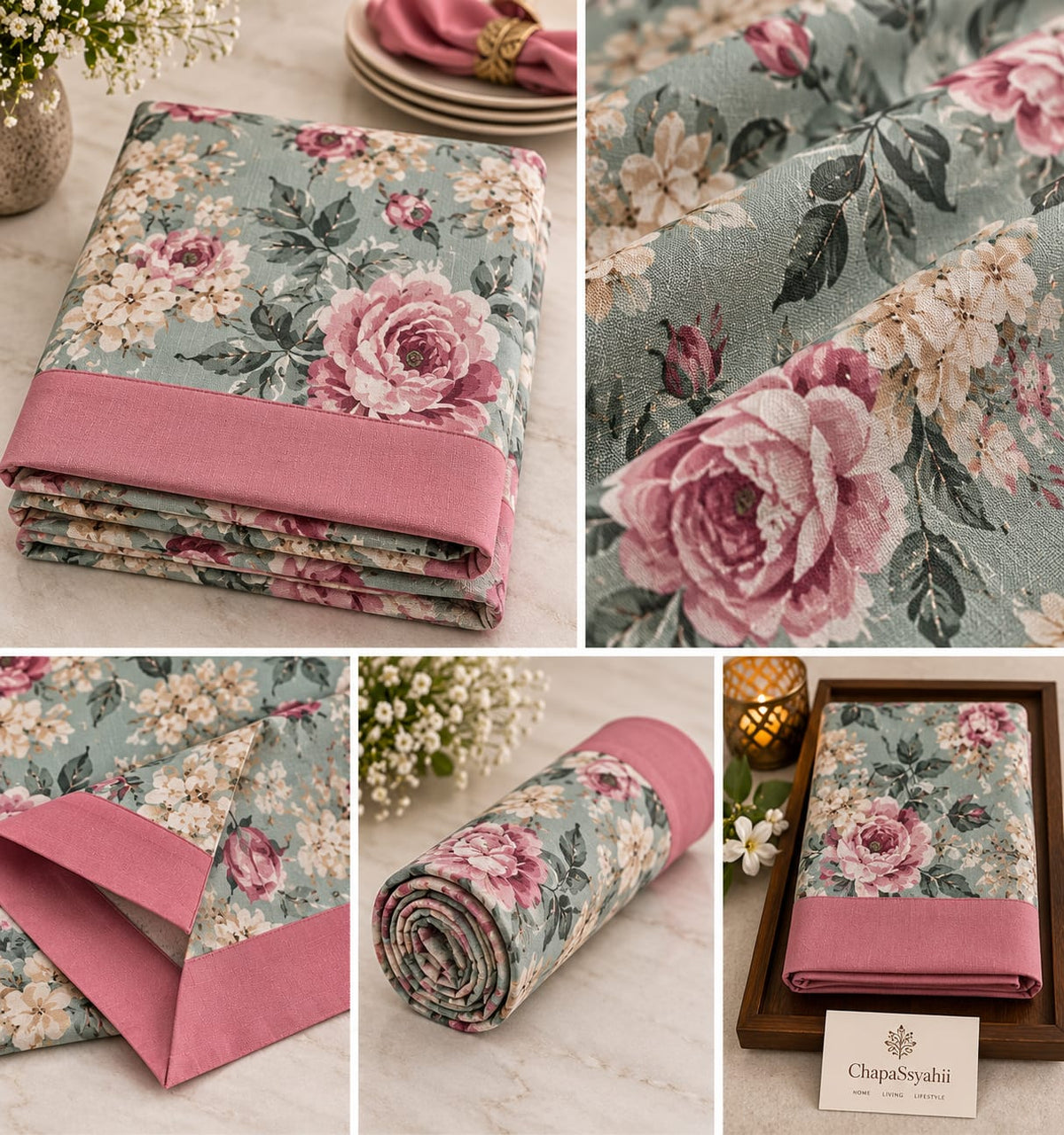 Sage Rose Garden table cover detail collage