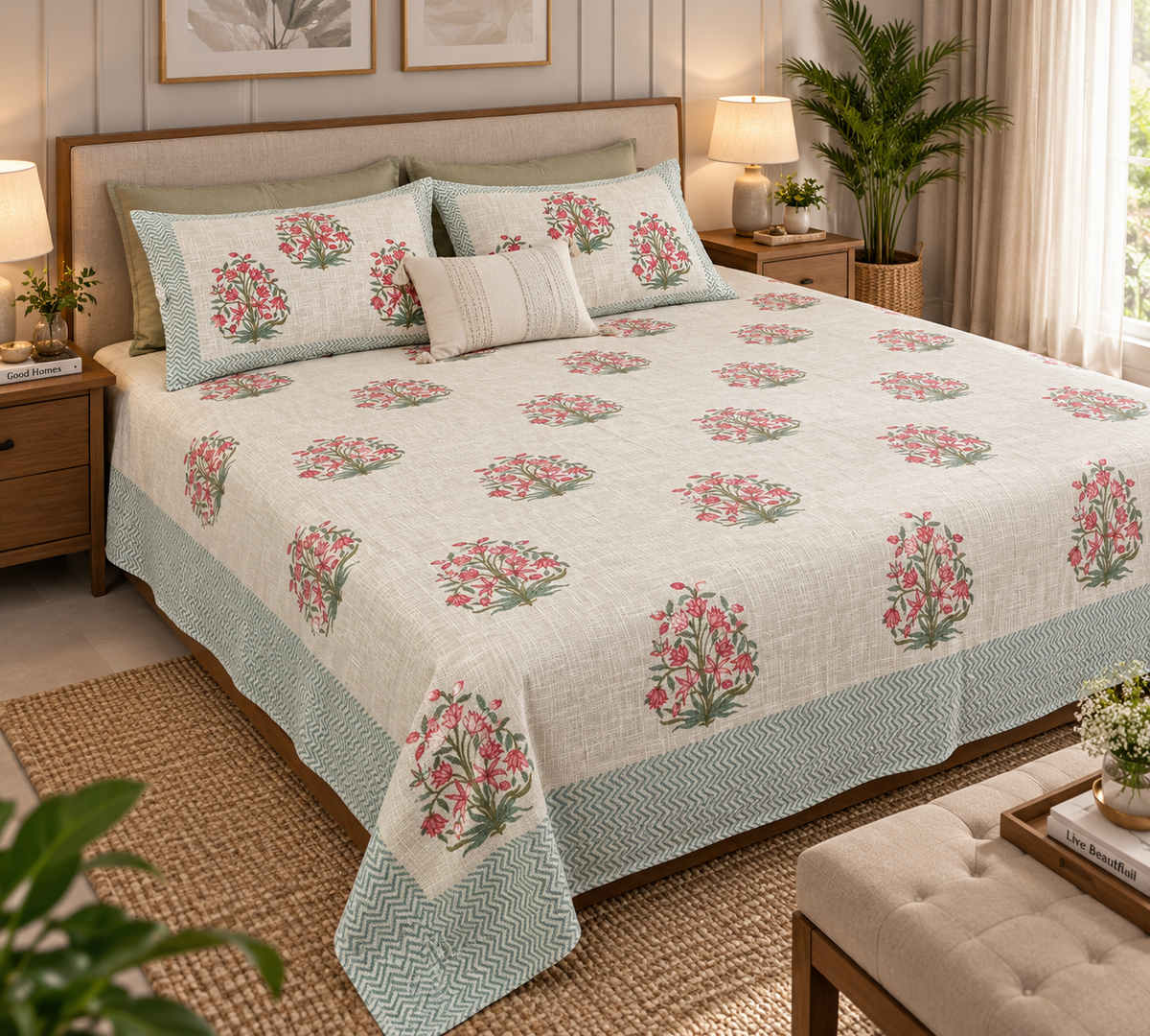 TNT Cotton Jute King Size Bedcover with Blossom Bouquet handblock print in dusty pink, coral and sage