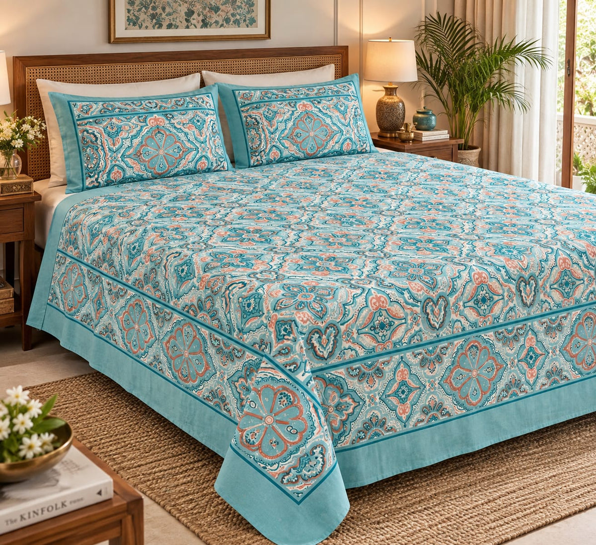 Teal Ogee Medallion Cotton King Size Bedsheet Set