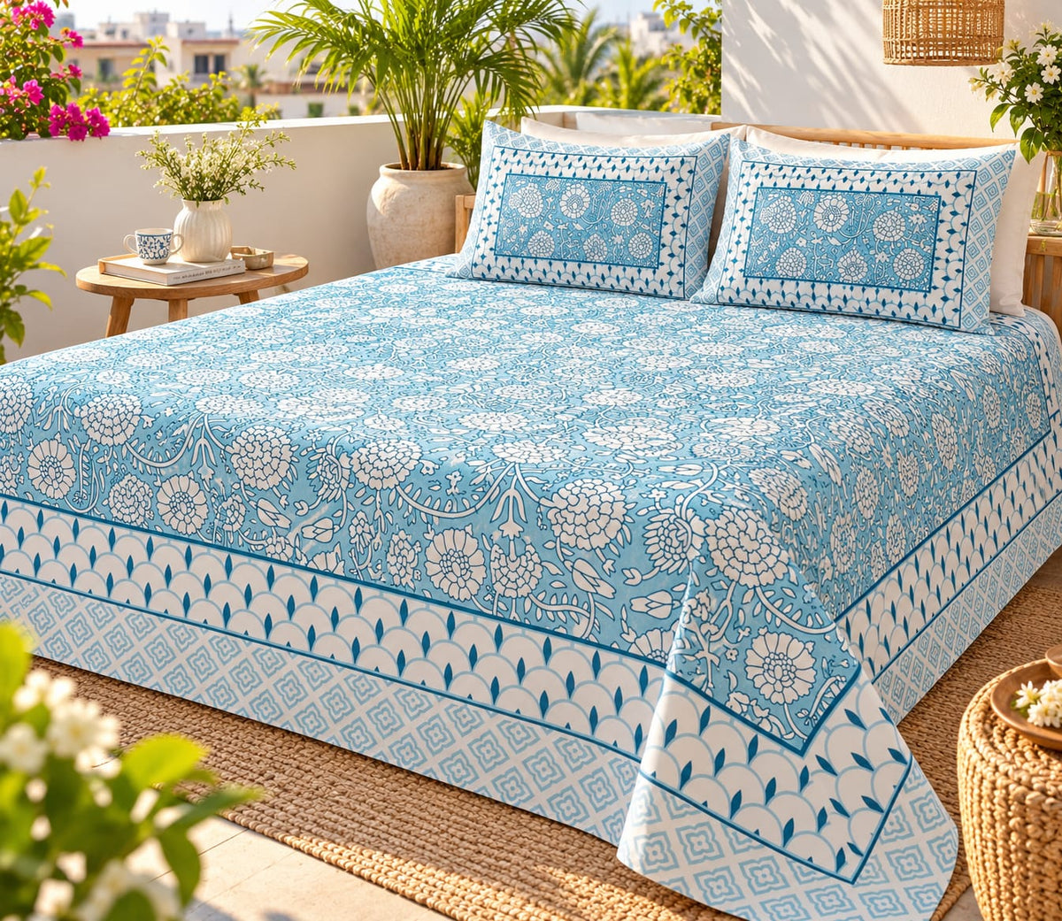 Sky Blue Marigold Scallop bedsheet in a sunny terrace setting