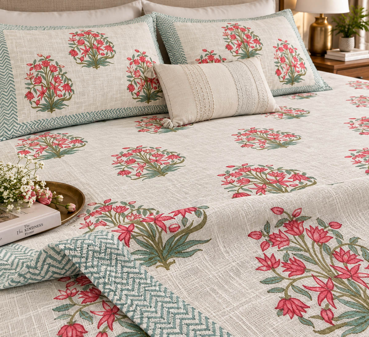 Blossom Bouquet bedcover close-up of pink floral print and pillow covers