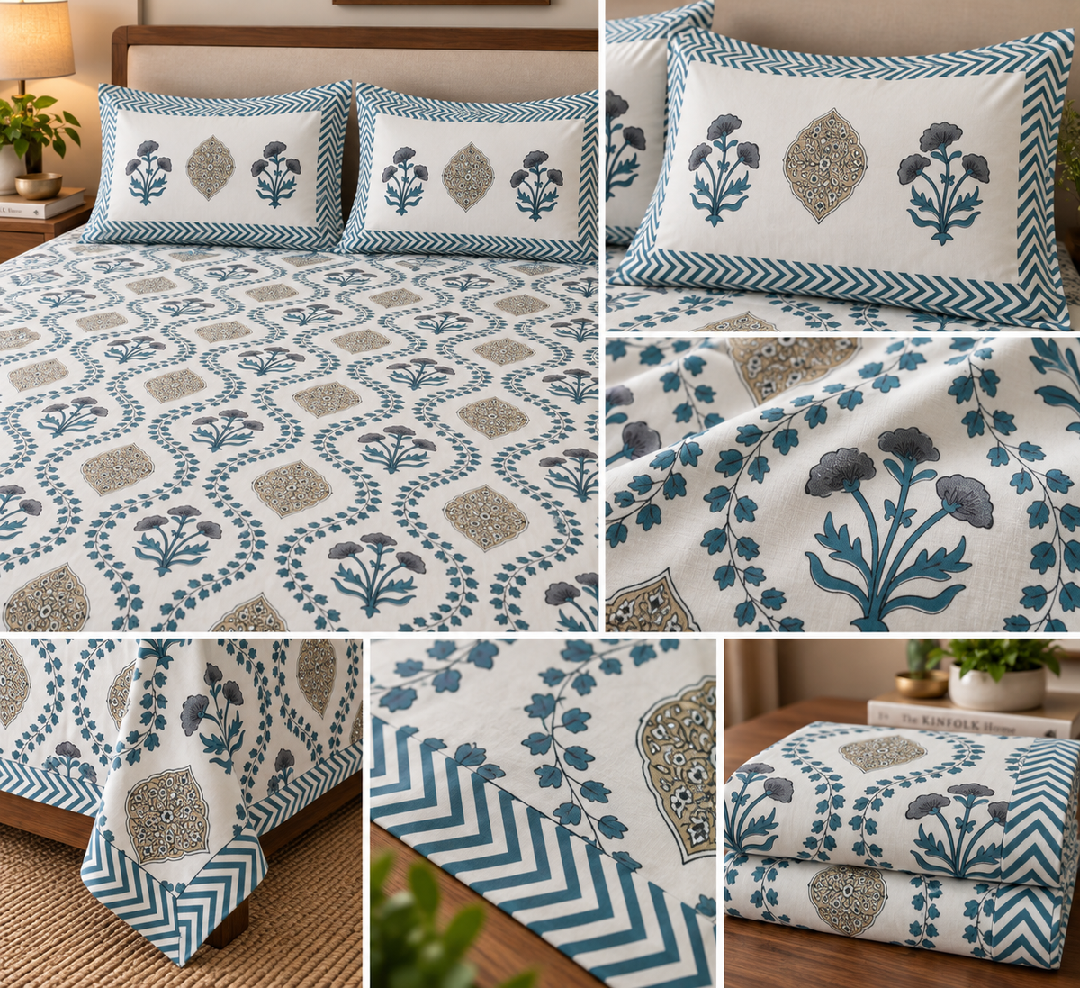 Teal Carnation Diamond Medallion Cotton King Size Bedsheet Set - ChapaSSyahii