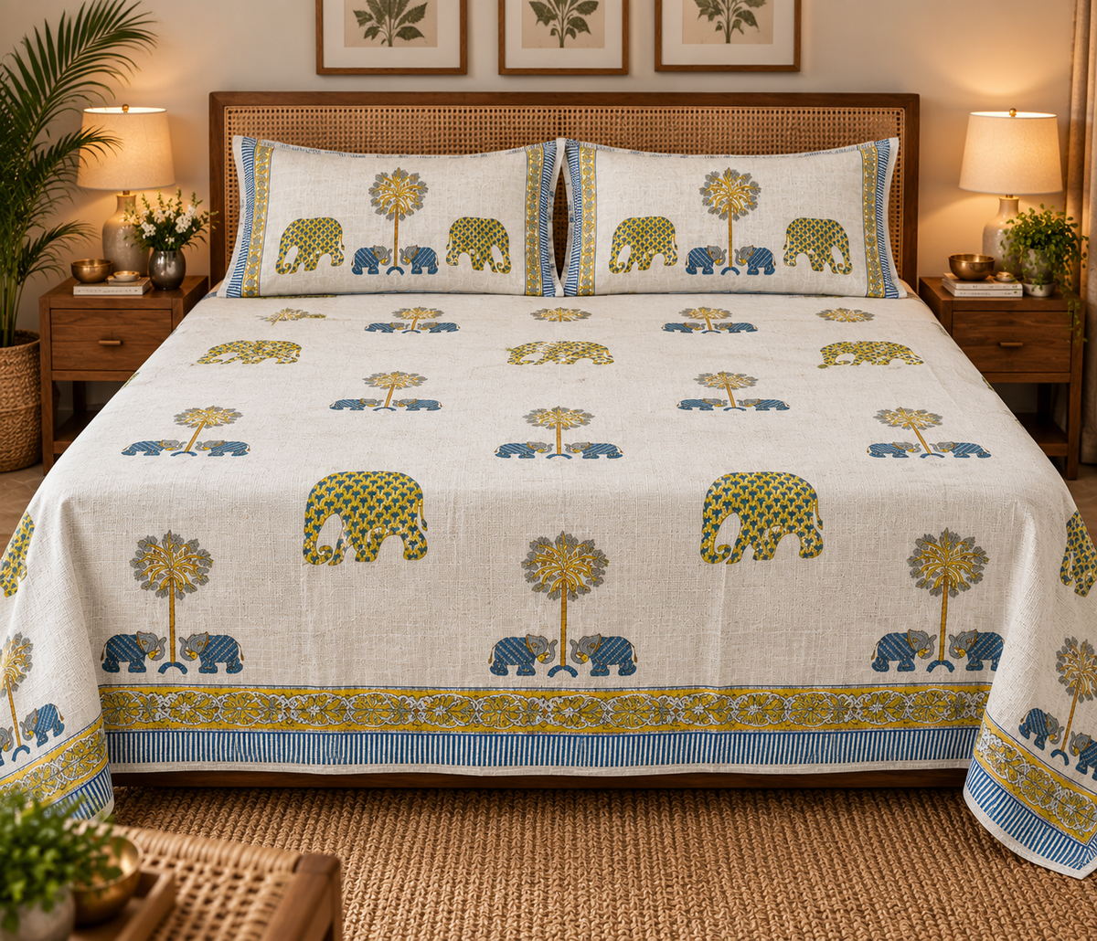 Royal Elephant & Palm bedcover folded with matching pillow covers