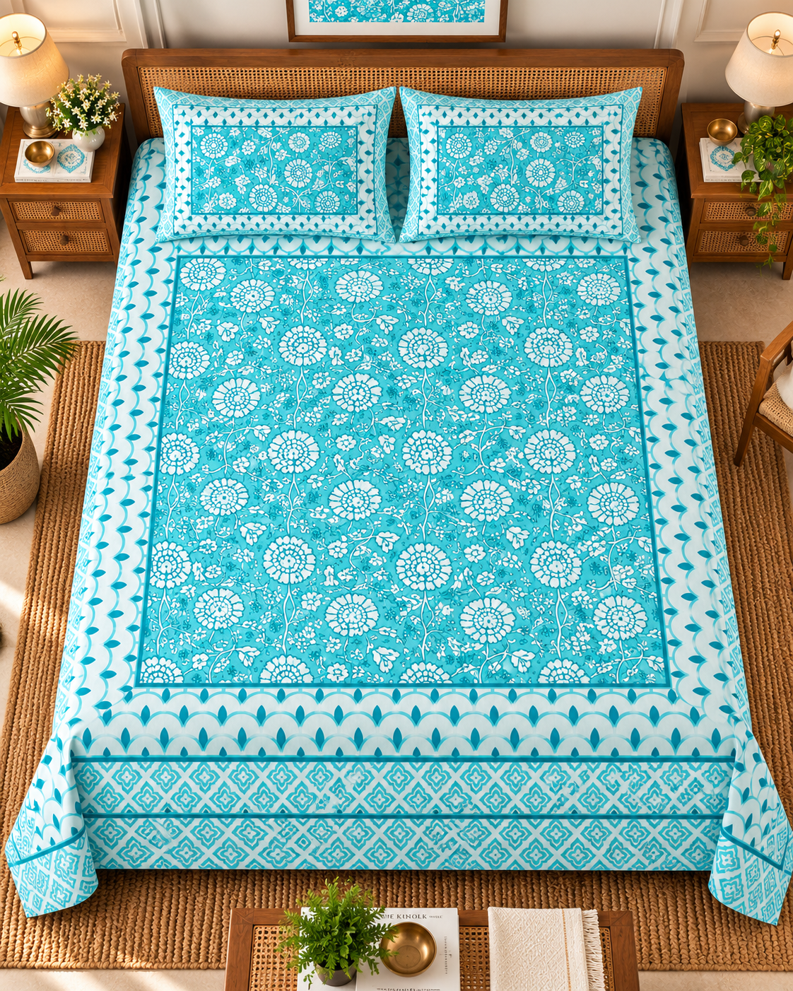 Turquoise Medallion Bloom Cotton King Size Bedsheet Set
